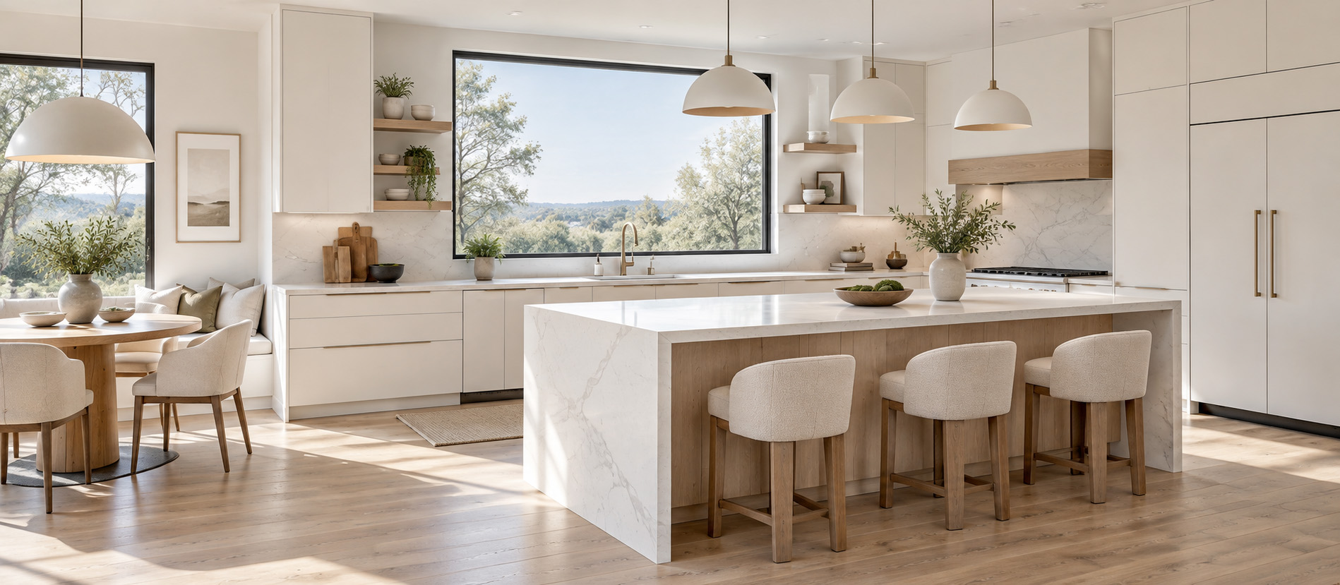 Bright luxury kitchen featuring white cabinetry