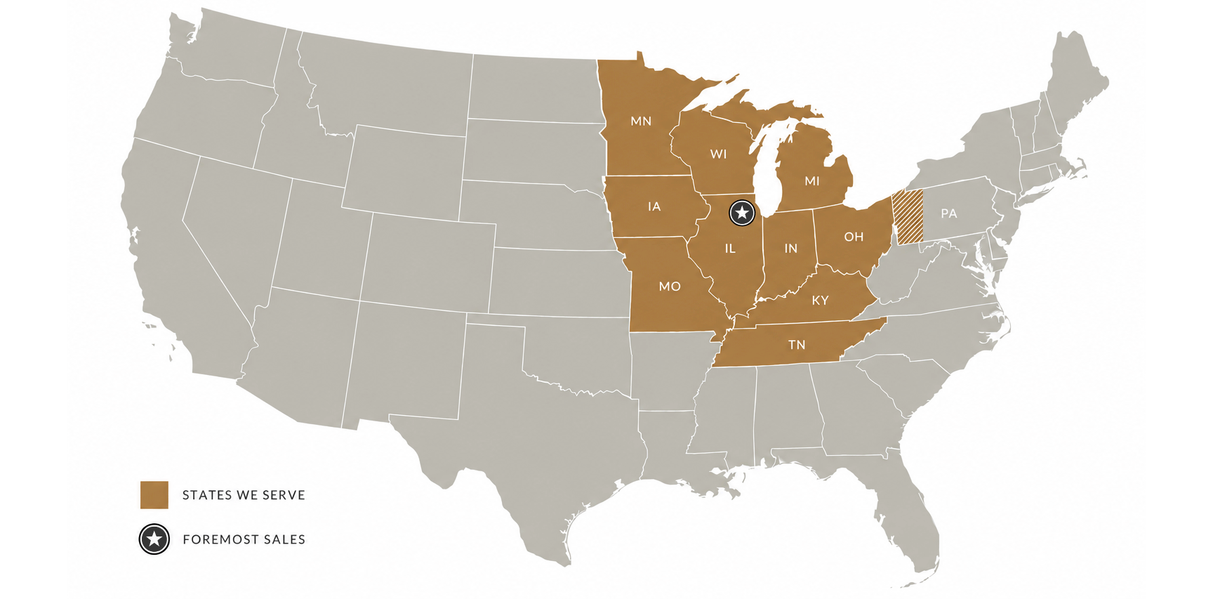 Foremost Sales territory map showing service areas throughout the Midwest and Western Pennsylvania